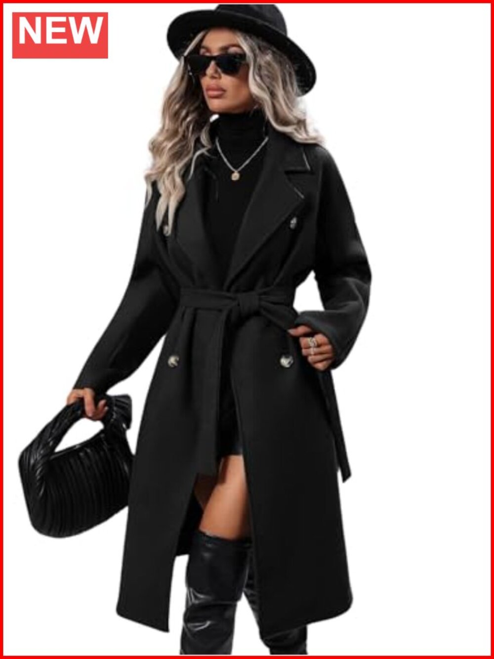 Women's Long Wool Pea Coat Notched Lapel Double Breasted Winter Overcoat with